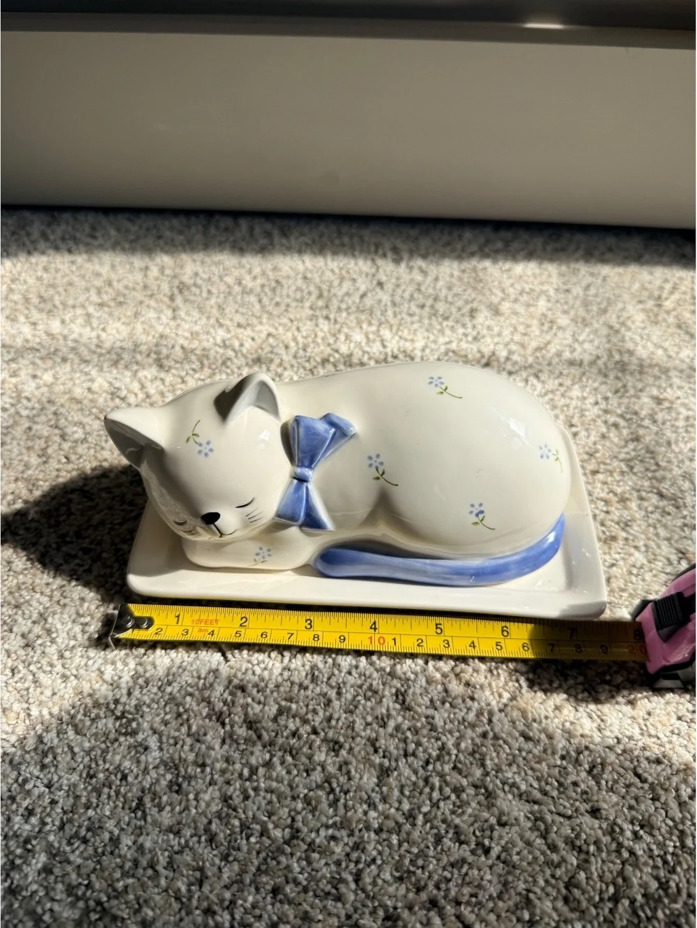 Vintage Otagiri Ceramic Sleeping Cat Trinket Dish with Blue Bow